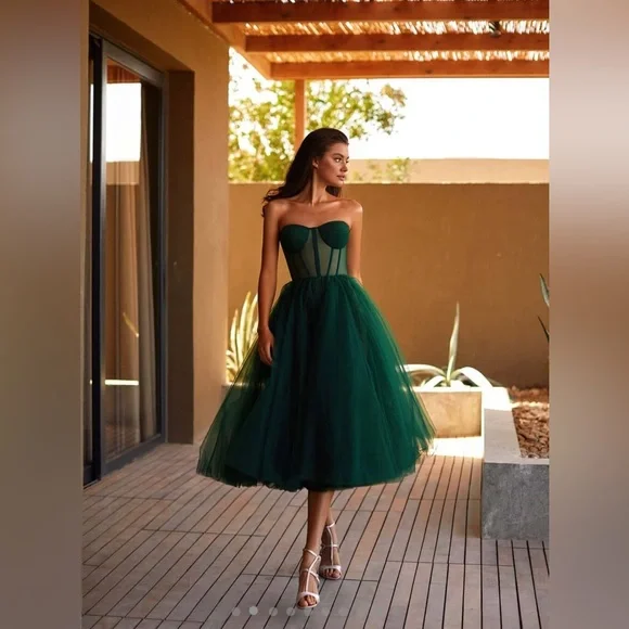 Emerald Green Strapless Puffy Midi Tulle Dress by Milla - Picture 3 of 5